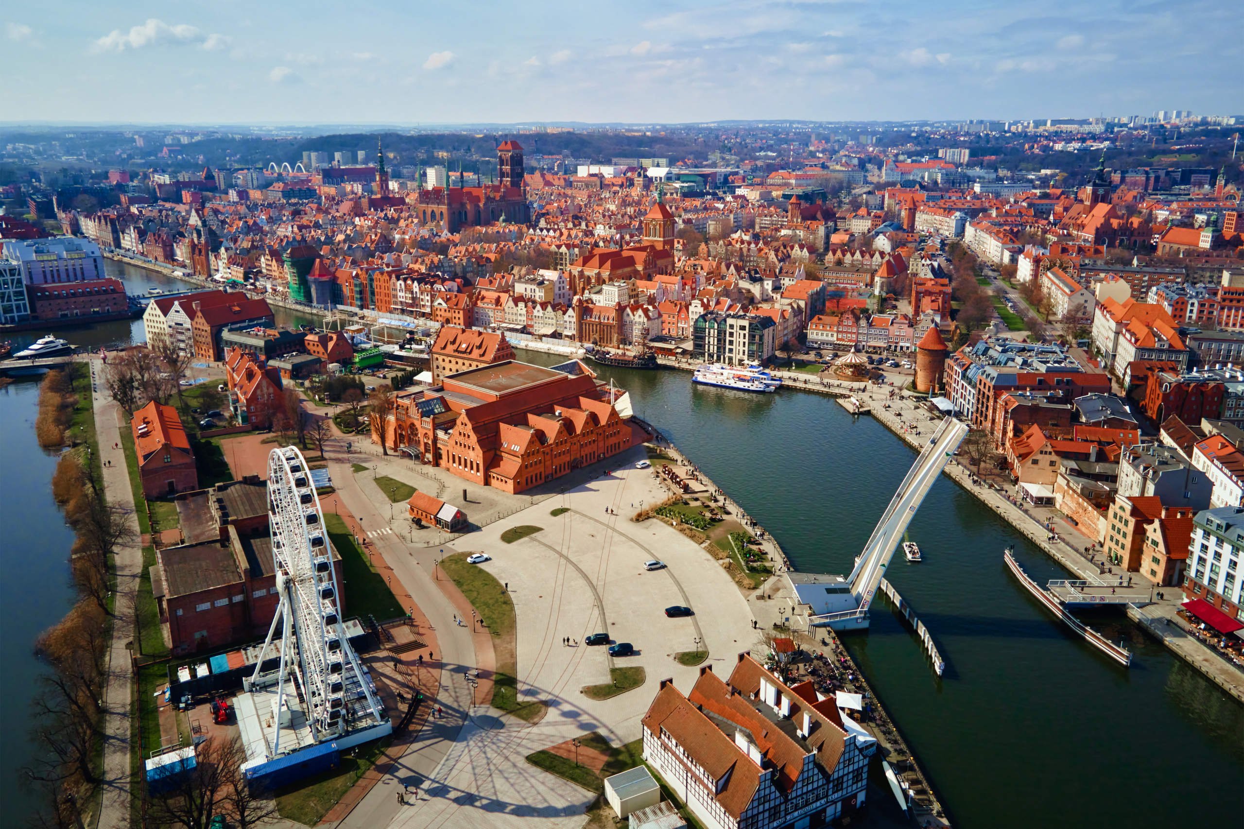 Aerial view ferris wheel attraction in Gdansk city, Poland.